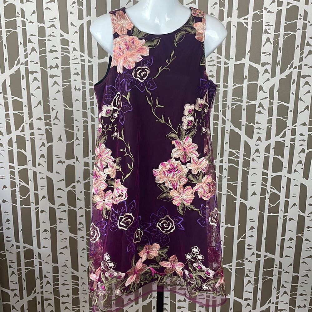 Embroidered Floral Tulle Overlay Babydoll Mini Dress Plum Purple sz M